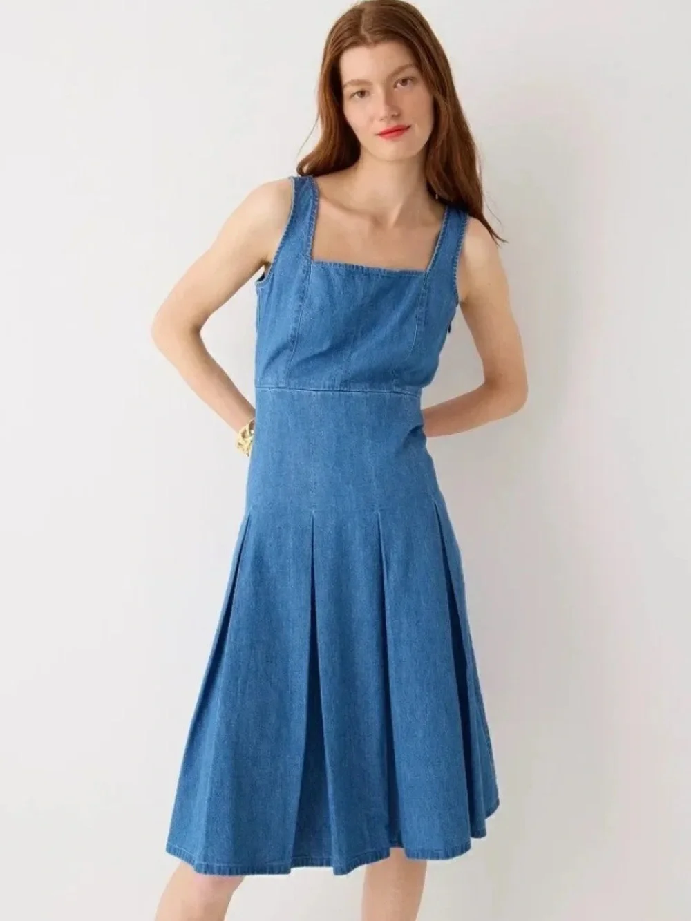 J. Crew Pleated Chambray Denim Sleeveless Square Neck Dress